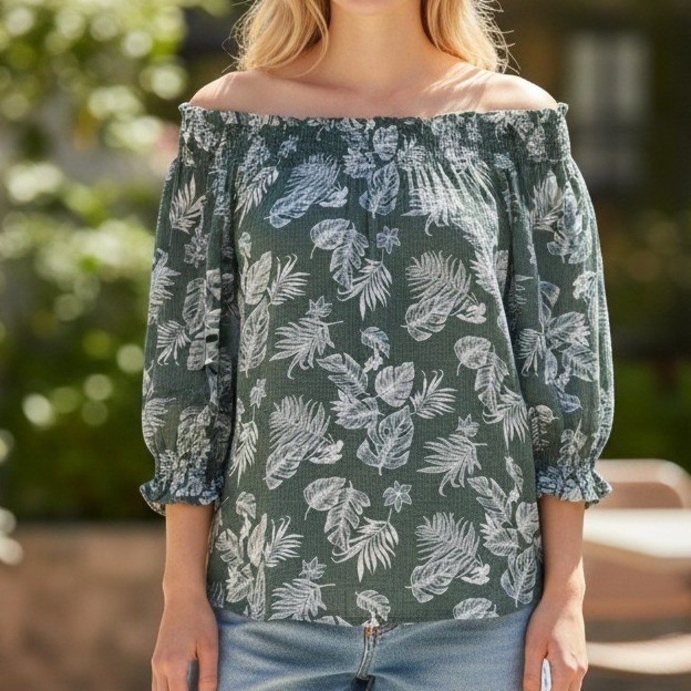 Late August Tropical Leaf Blouse PL Green Boho Gauze Ruffle 3/4 Sleeve Peasant